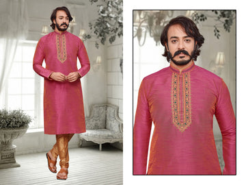 Light Pink Silk Mens Kurta Pajama Indian Wedding Party Wear Embroidery Kurtas