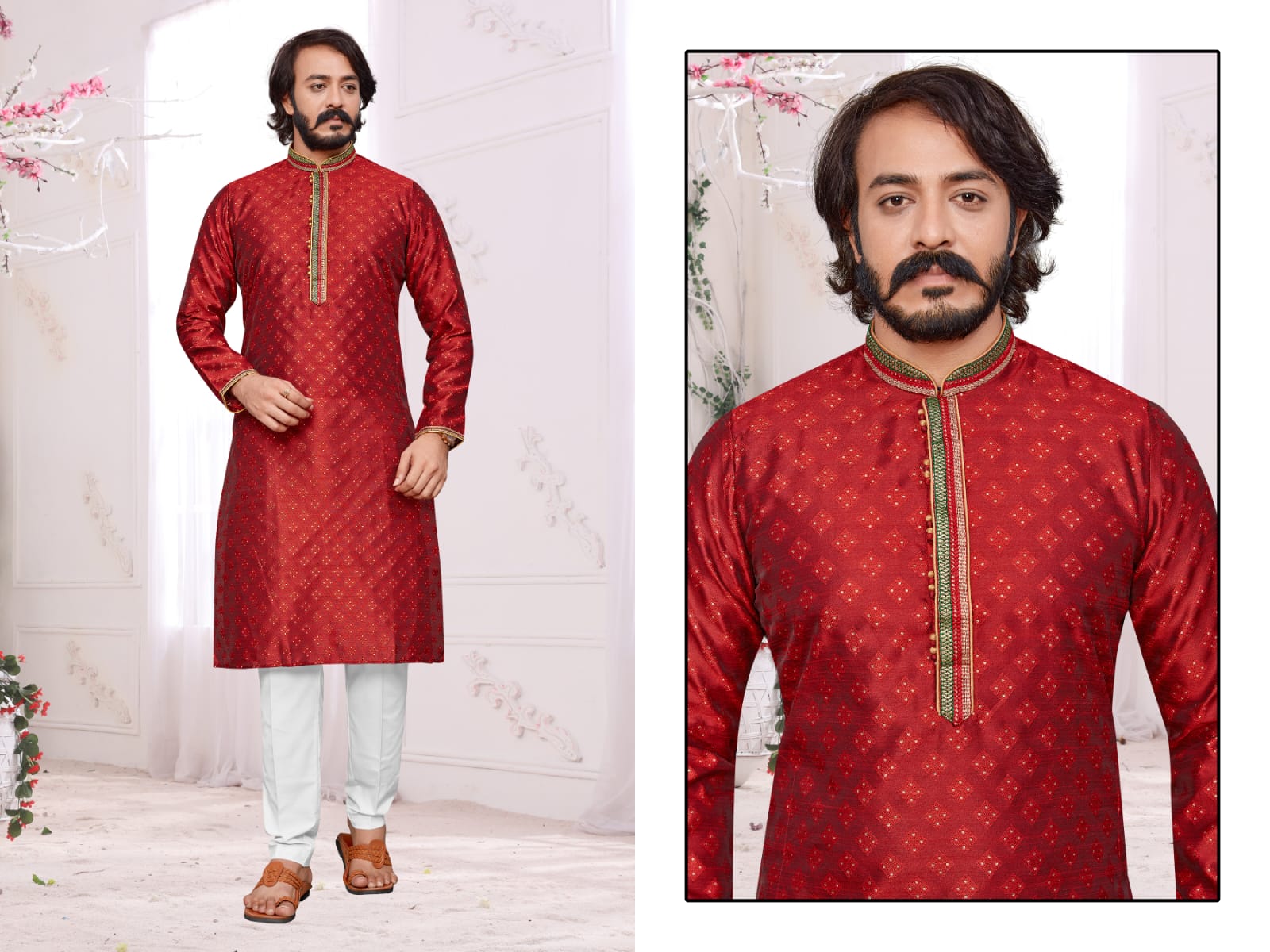 Red  Silk Mens Kurta Pajama Indian Wedding Party Wear Embroidery Kurtas