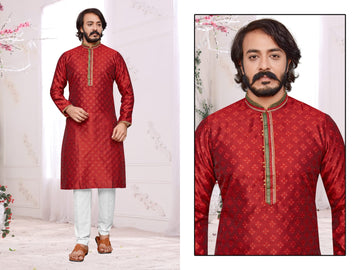 Red  Silk Mens Kurta Pajama Indian Wedding Party Wear Embroidery Kurtas