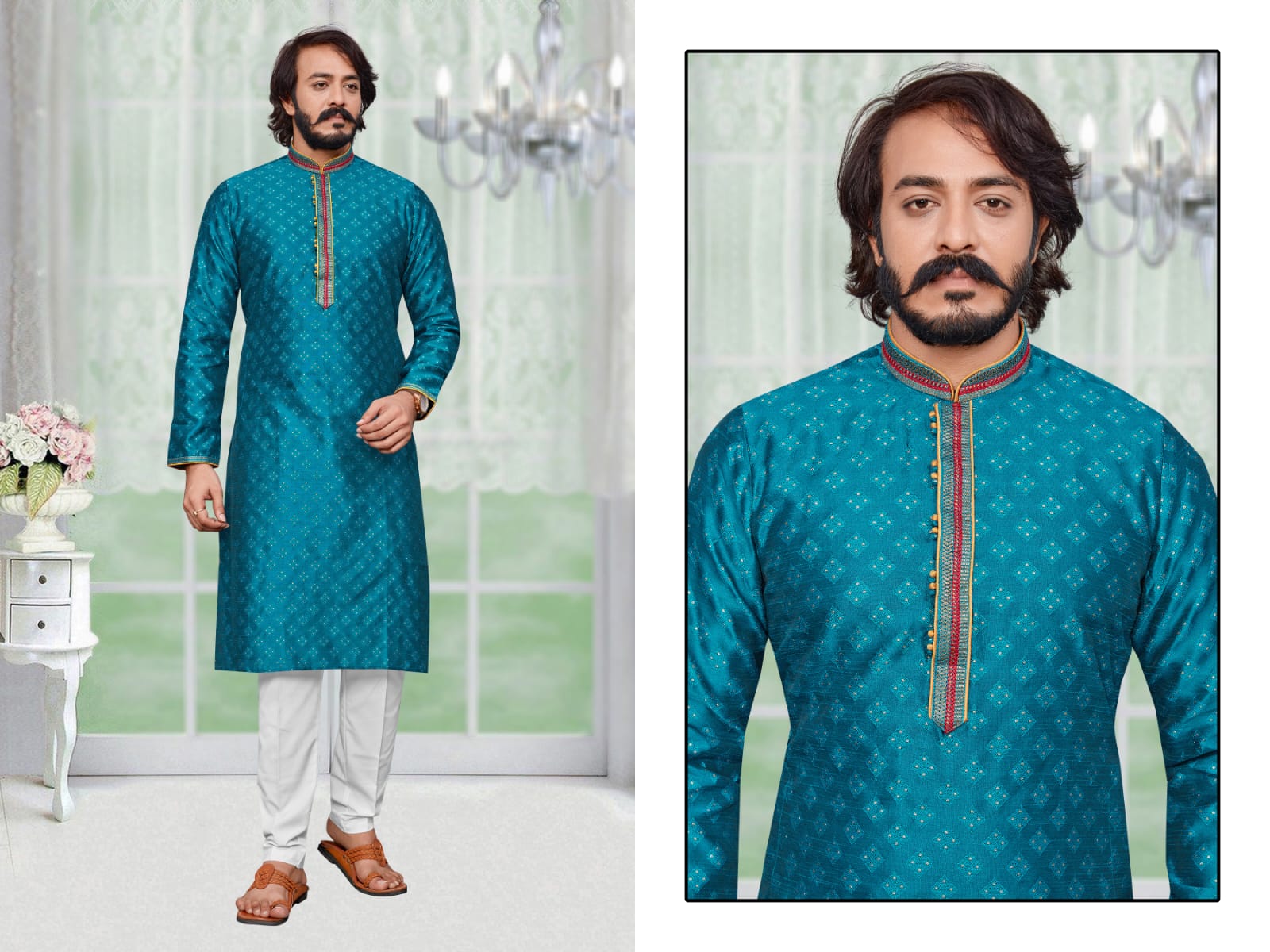 Blue Silk Mens Kurta Pajama Indian Wedding Party Wear Embroidery Kurtas