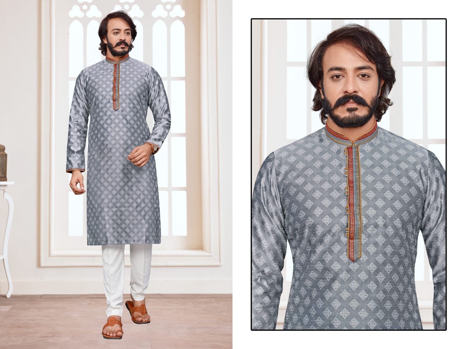 Light Grey Silk Mens Kurta Pajama Indian Wedding Party Wear Embroidery Kurtas