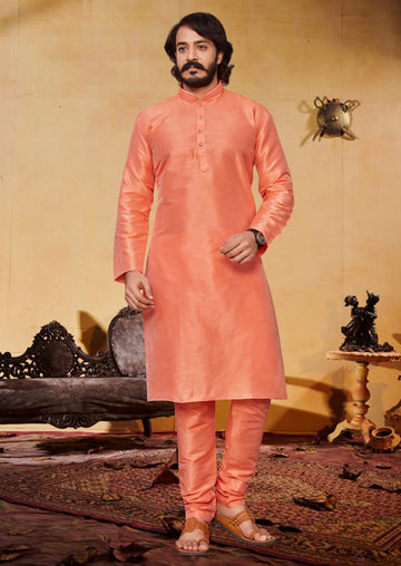 Orange Silk Mens Kurta Pajama Indian Wedding Party Wear Embroidery Kurtas