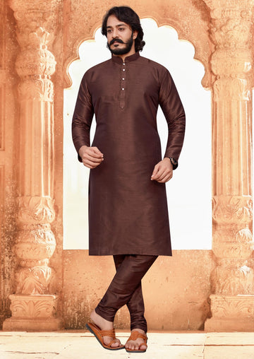 Coffee Silk Mens Kurta Pajama Indian Wedding Party Wear Embroidery Kurtas