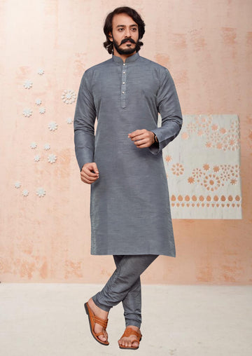 Ligth  Grey  Silk Mens Kurta Pajama Indian Wedding Party Wear Embroidery Kurtas
