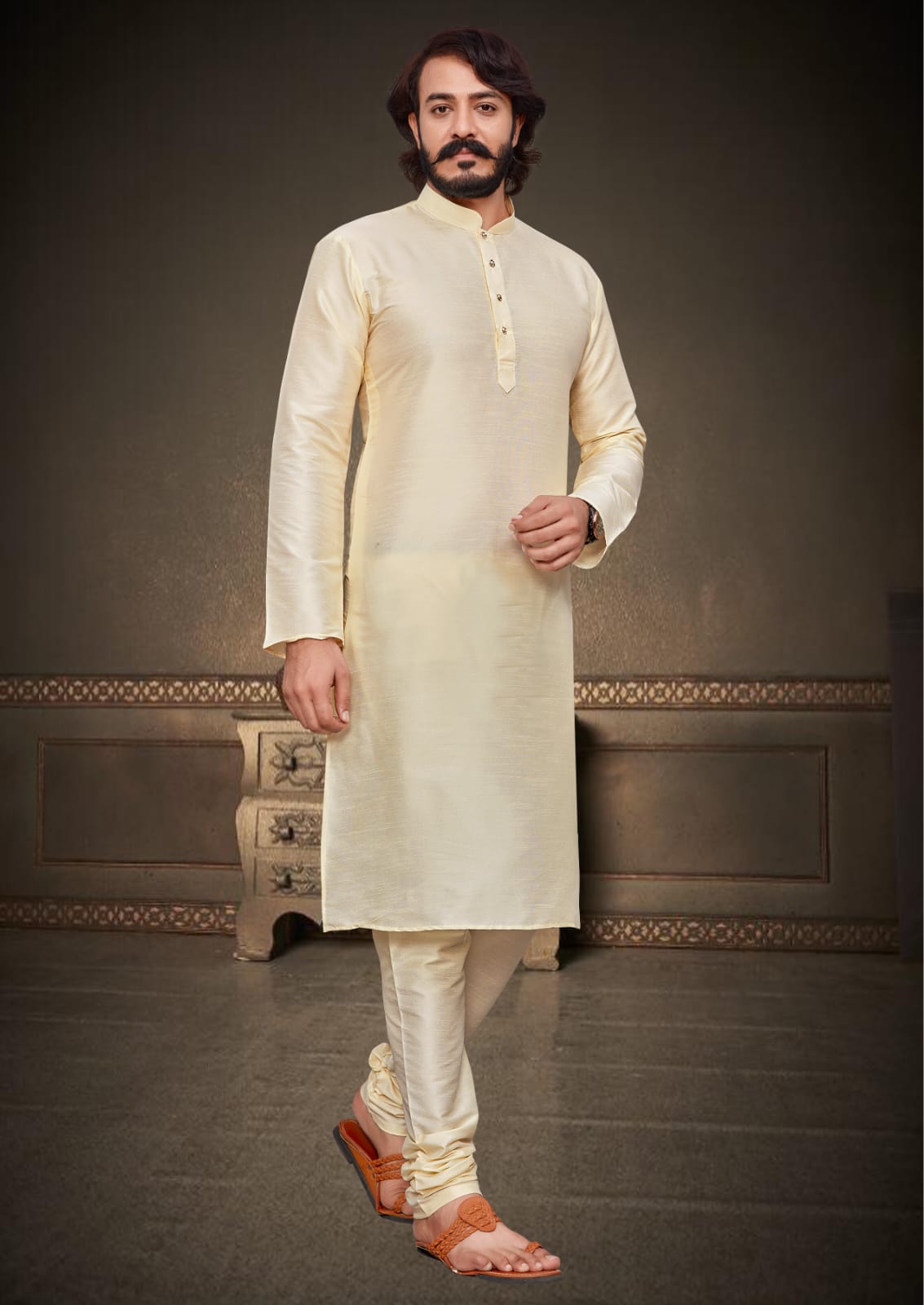 Off  White Silk Mens Kurta Pajama Indian Wedding Party Wear Embroidery Kurtas