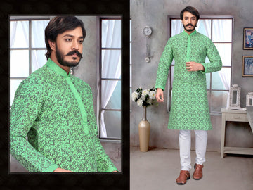 Green Silk Mens Kurta Pajama Indian Wedding Party Wear Embroidery Kurtas