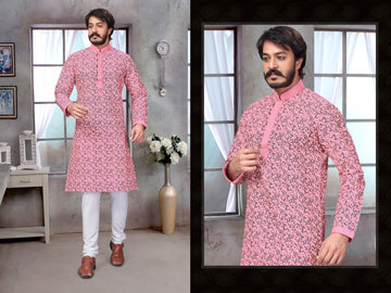 Light Pink  Silk Mens Kurta Pajama Indian Wedding Party Wear Embroidery Kurtas