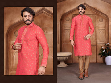 Peach Silk Mens Kurta Pajama Indian Wedding Party Wear Embroidery Kurtas