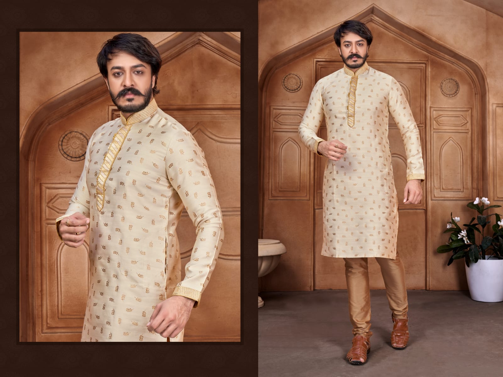 Off WHite Silk Mens Kurta Pajama Indian Wedding Party Wear Embroidery Kurtas