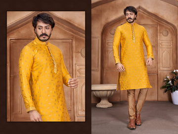 Yellow  Silk Mens Kurta Pajama Indian Wedding Party Wear Embroidery Kurtas