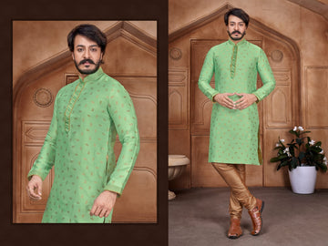 Green Silk Mens Kurta Pajama Indian Wedding Party Wear Embroidery Kurtas