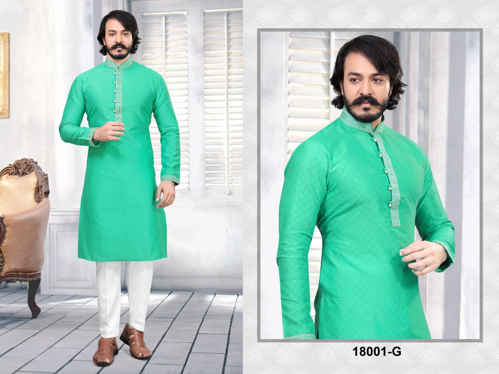 Teal  Green Silk Mens Kurta Pajama Indian Wedding Party Wear Embroidery Kurtas