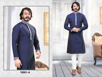 Blue Silk Mens Kurta Pajama Indian Wedding Party Wear Embroidery Kurtas
