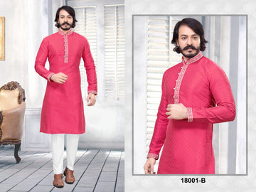 Pink Silk Mens Kurta Pajama Indian Wedding Party Wear Embroidery Kurtas