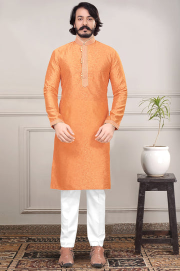 Orange Silk Mens Kurta Pajama Indian Wedding Party Wear Embroidery Kurtas