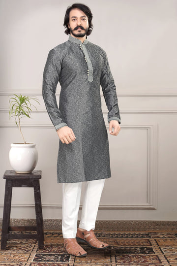 Grey  Silk Mens Kurta Pajama Indian Wedding Party Wear Embroidery Kurtas