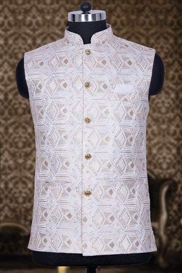 Off WHite Silk Mens Kurta Pajama Indian Wedding Party Wear Embroidery Kurtas