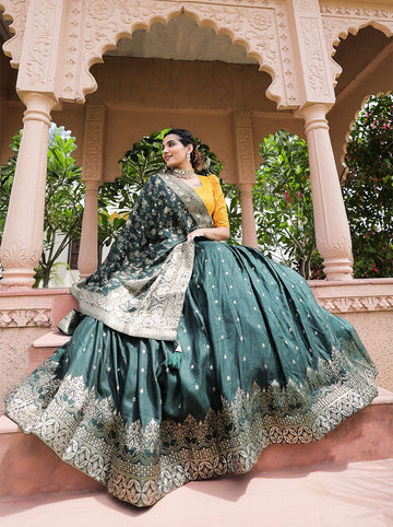 Yellow and Green  Weaving work with dyeing  lehenga choli with Jacquard dupatta