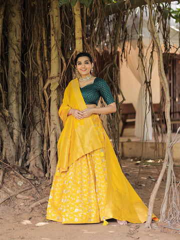 Yellow and Green Weaving work with dyeing lehenga choli with Jacquard  dupatta