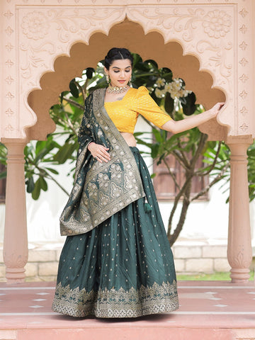 Yellow and Green  Weaving work with dyeing  lehenga choli with Jacquard dupatta