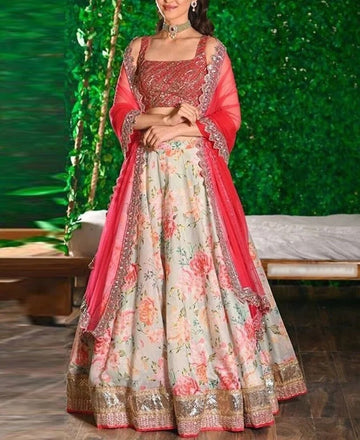 Pink  Heavy Thread With Sequence Embroidery Work  lehenga choli with Net  dupatta