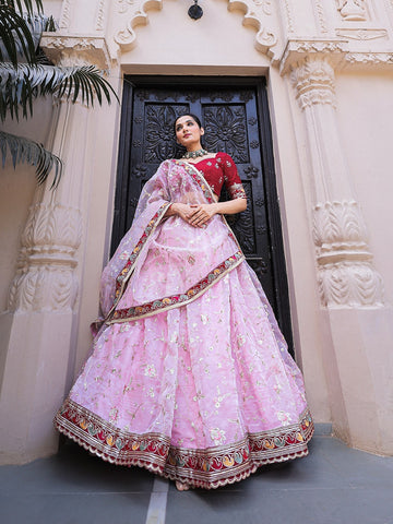 Pink  Thread embroidery work with lace border lehenga choli with Organza dupatta