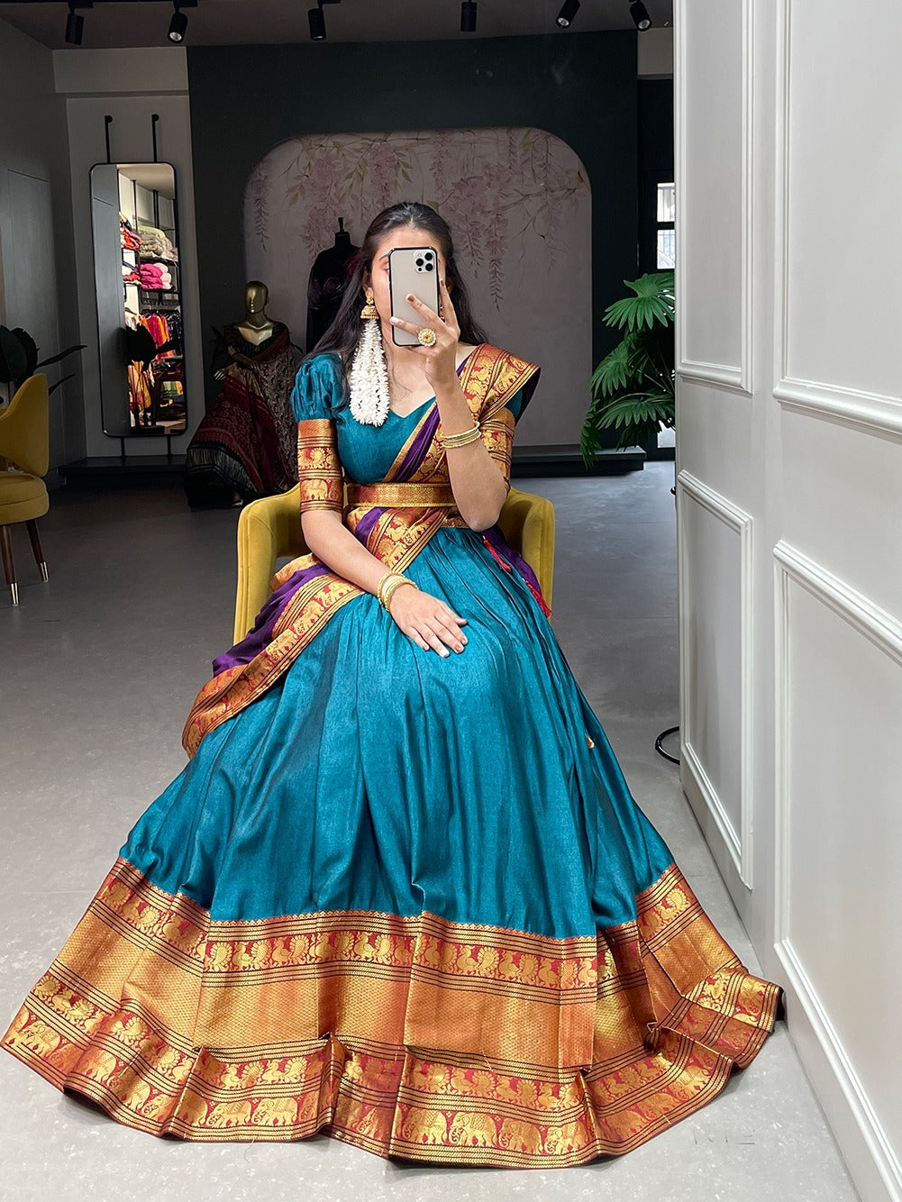 Sky BlueZari Weaving Wok lehenga choli with Narayan Pet  dupatta