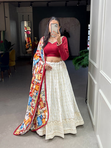 Red and White Sequins and Thread Embroidery Work  lehenga choli with Chinon dupatta