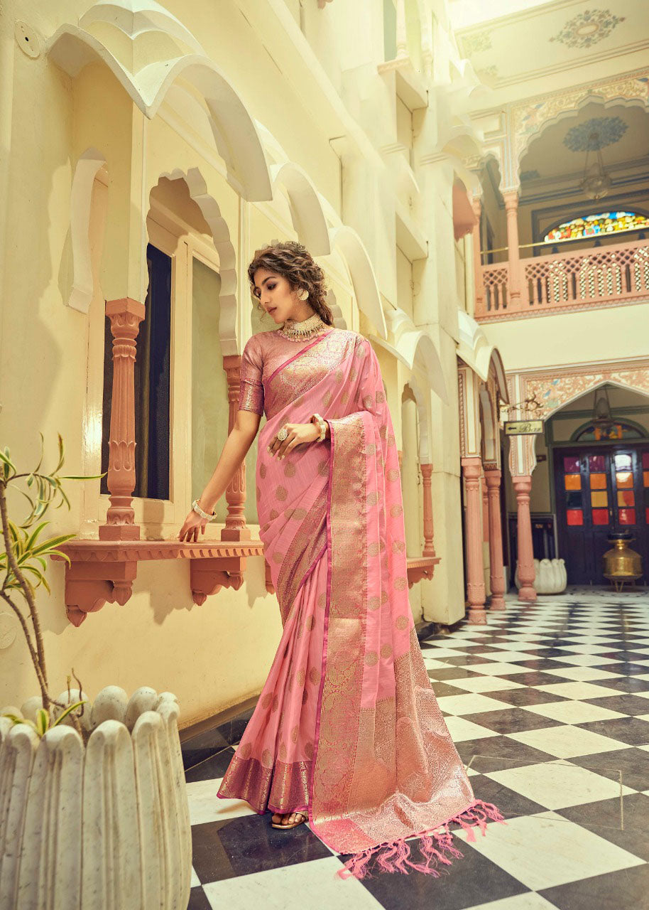 Pink  Soft Tusser Weaving  saree for women