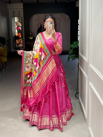 Pink Dyeing With Lagdi patta  lehenga choli with Gaji Silk dupatta