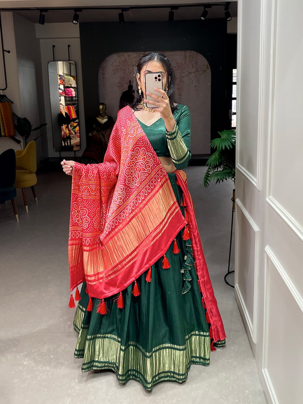 Green Dyeing With Lagdi patta lehenga choli with Gaji Silk dupatta