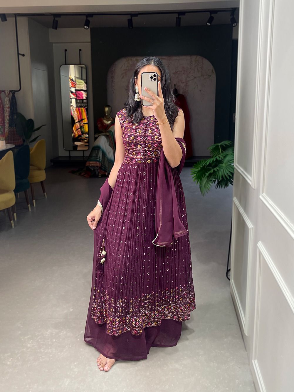 Purple  Sequins and Thread Embroidery Work With Tassels  Plazzo suit  For Women