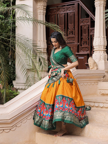 Yellow and Green  Printed with foil work  lehenga choli with Dola Silk dupatta