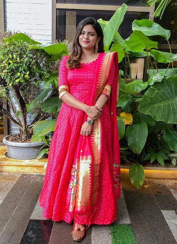 Pink  Georgette With  Weaving work  Anarkali Flared Long Gown