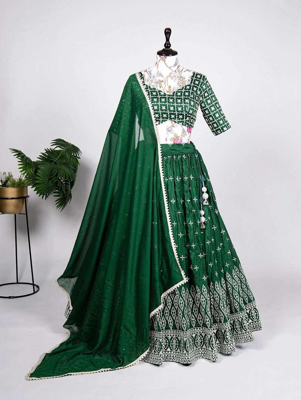 Green Embroidery Sequins Work lehenga choli with Neem Silk dupatta