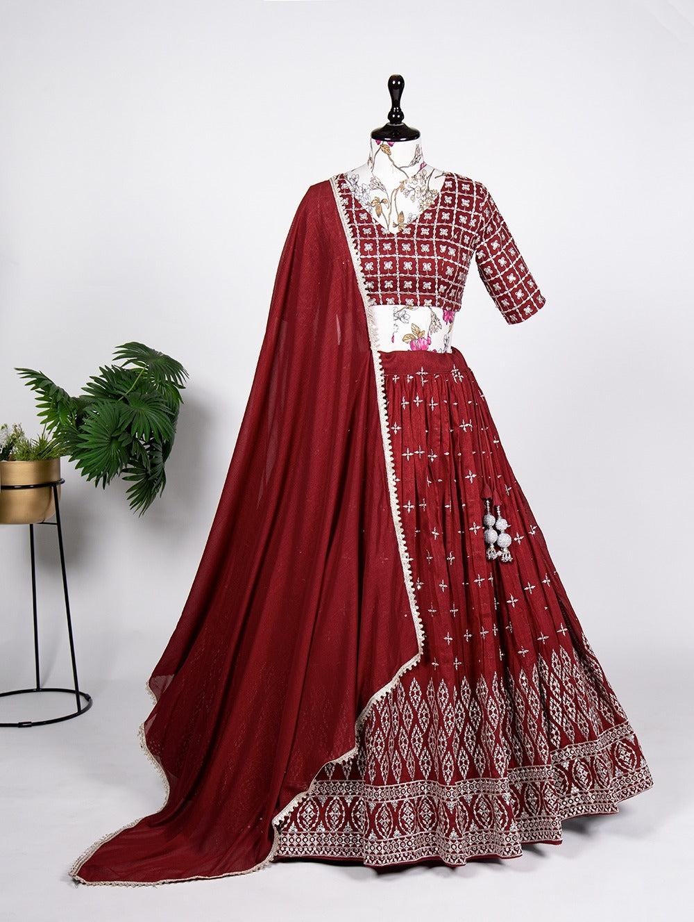 Red Embroidery Sequins Work lehenga choli with Neem Silk dupatta