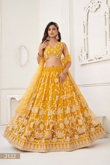 Yellow  Thread, Mirror and Sequence work Embroidery  lehenga choli with Net dupatta