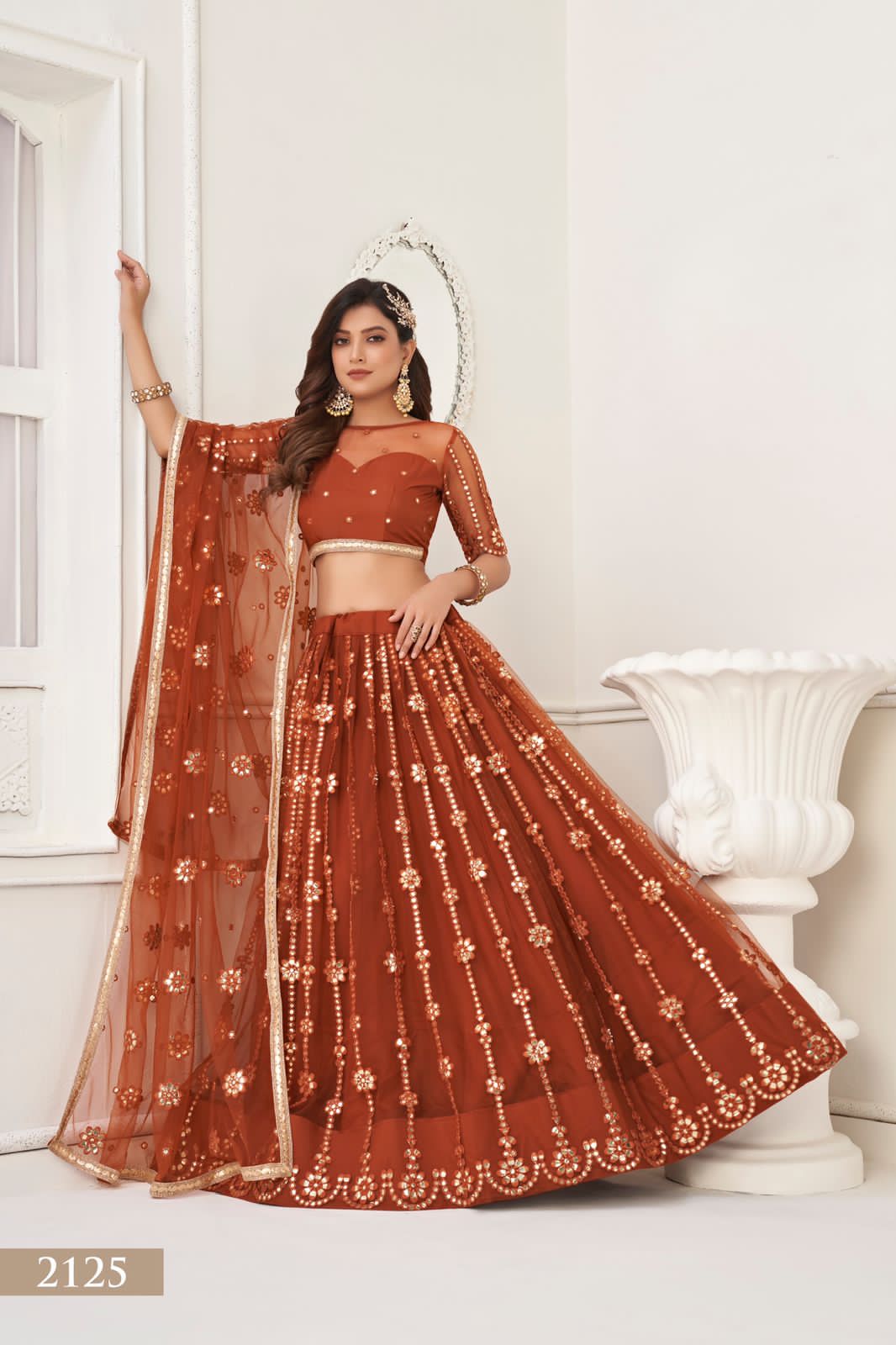 Coffe Thread, Mirror and Sequence work Embroidery  lehenga choli with Net dupatta