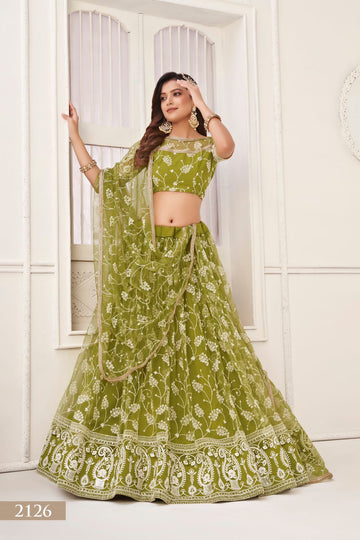 Parrot Thread, Mirror and Sequence work Embroidery  lehenga choli with Net dupatta