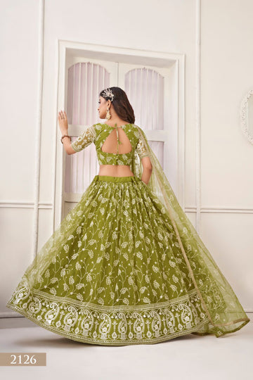 Parrot Thread, Mirror and Sequence work Embroidery  lehenga choli with Net dupatta
