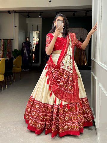 WHite and RedPatola Print With foil work  lehenga choli with  Dola Silk dupatta