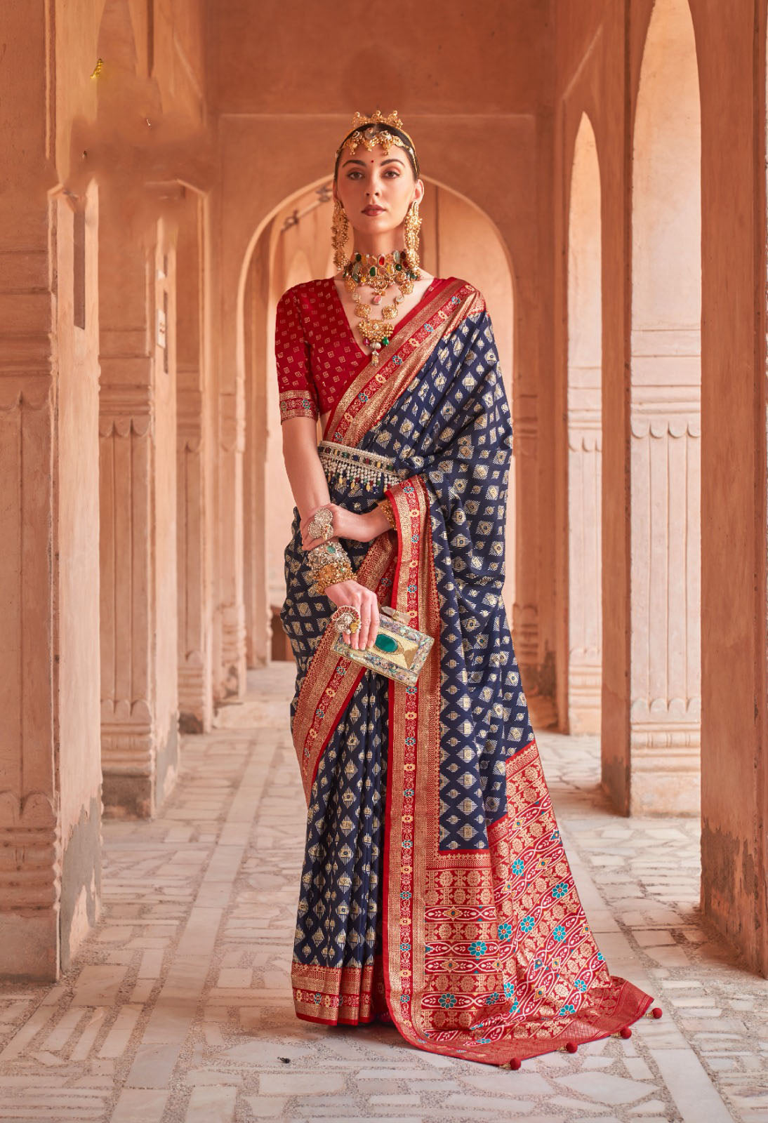 Blue and Red Mercerized Sigma Silk  saree for women