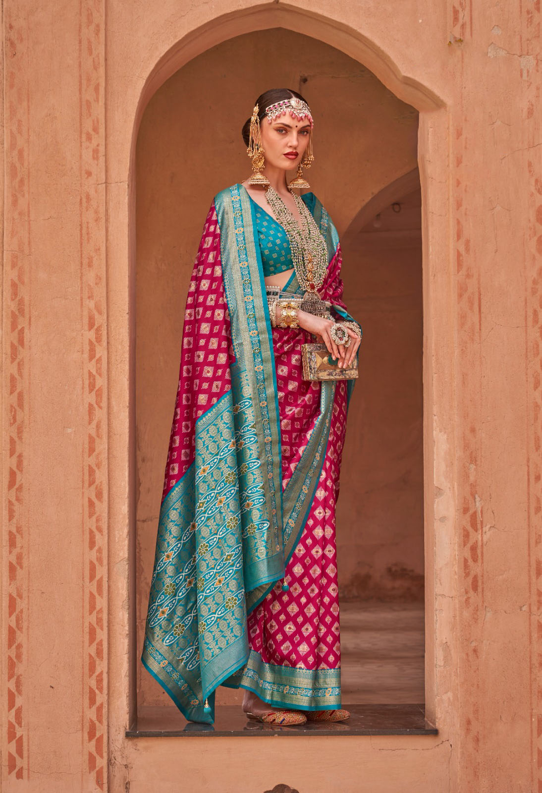 Pink and Blue Mercerized Sigma Silk  saree for women