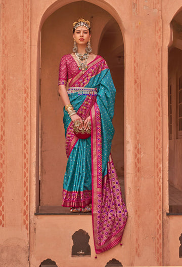 Pink and blue Mercerized Sigma Silk  saree for women