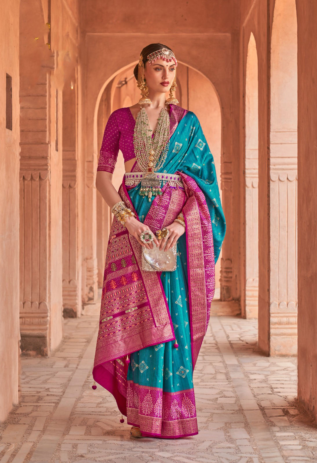 Pink and Blue Mercerized Sigma Silk  saree for women