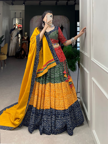 Yellow Bandhej With Foil Printed lehenga choli with Cotton dupatta