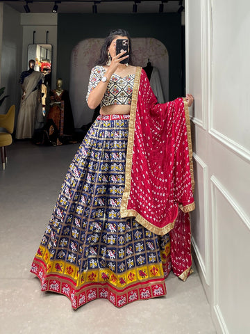 Multicolor  Patola Print lehenga choli with  Bandhej Silk  dupatta