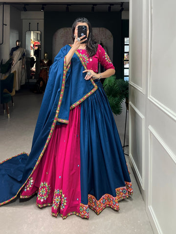 Pink and Blue  Original Mirror Handwork And Gamthi Work  lehenga choli with Cotton dupatta