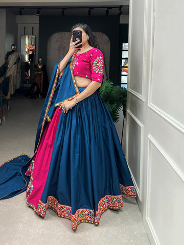 Pink and Blue  Original Mirror Handwork And Gamthi Work  lehenga choli with Cotton dupatta