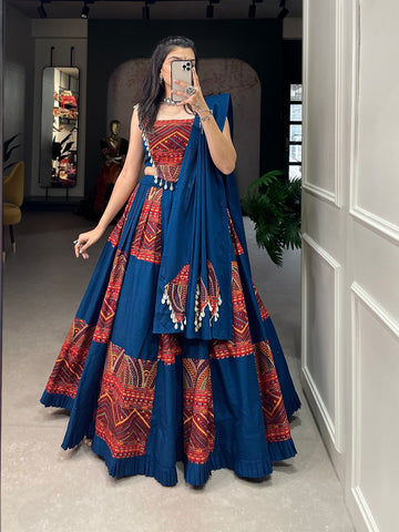 Blue  Plain And Printed With Foil Work  lehenga choli with Cotton dupatta